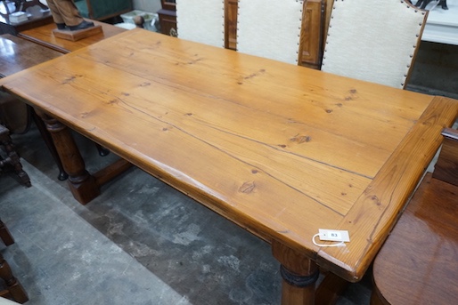 An 18th century style rectangular pine refectory dining table, length 198cm, depth 94cm, height 77cm